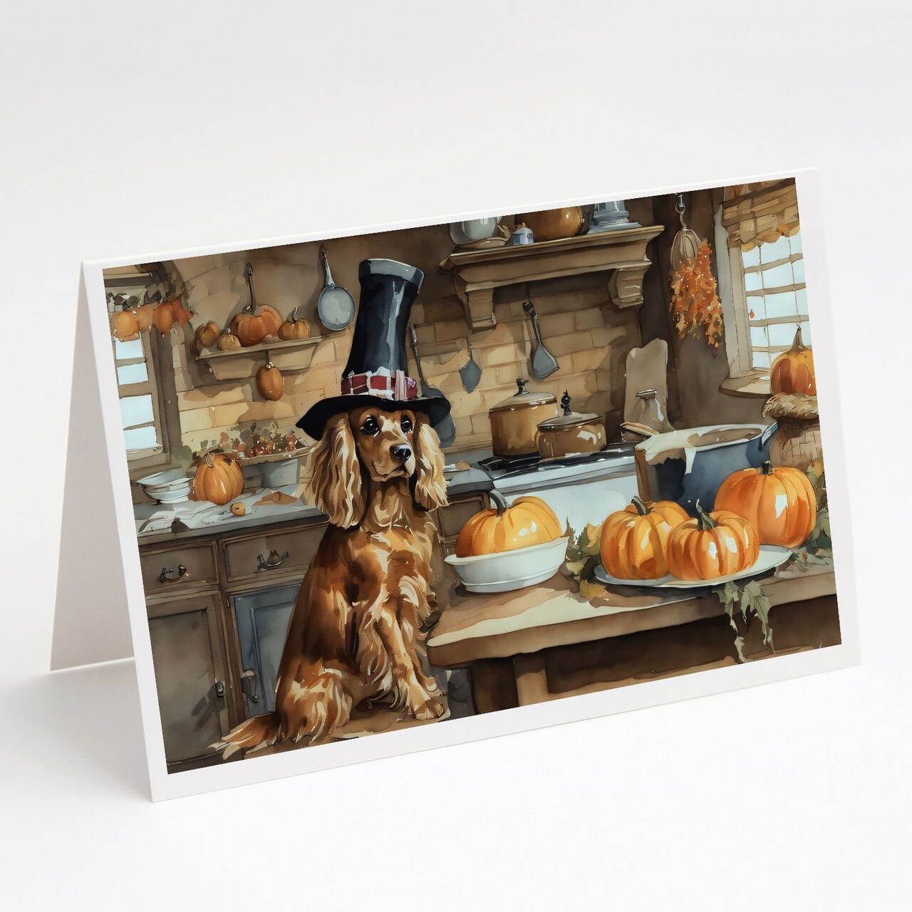 Edge Collections - 5" x 7" - Multicolor - Cocker Spaniel Fall Kitchen Pumpkins Greeting Cards - 8 Pieces